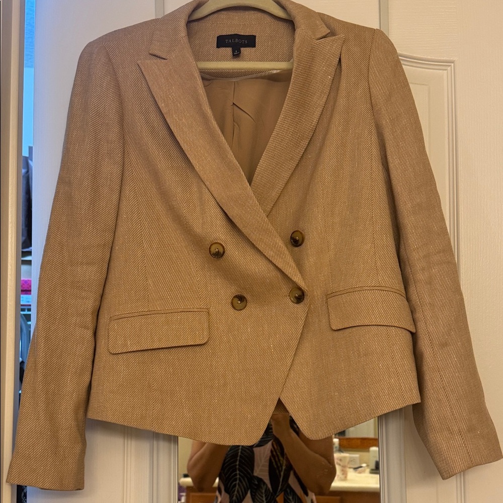 Talbots Double-Breasted Cropped Blazer in Camel Tan